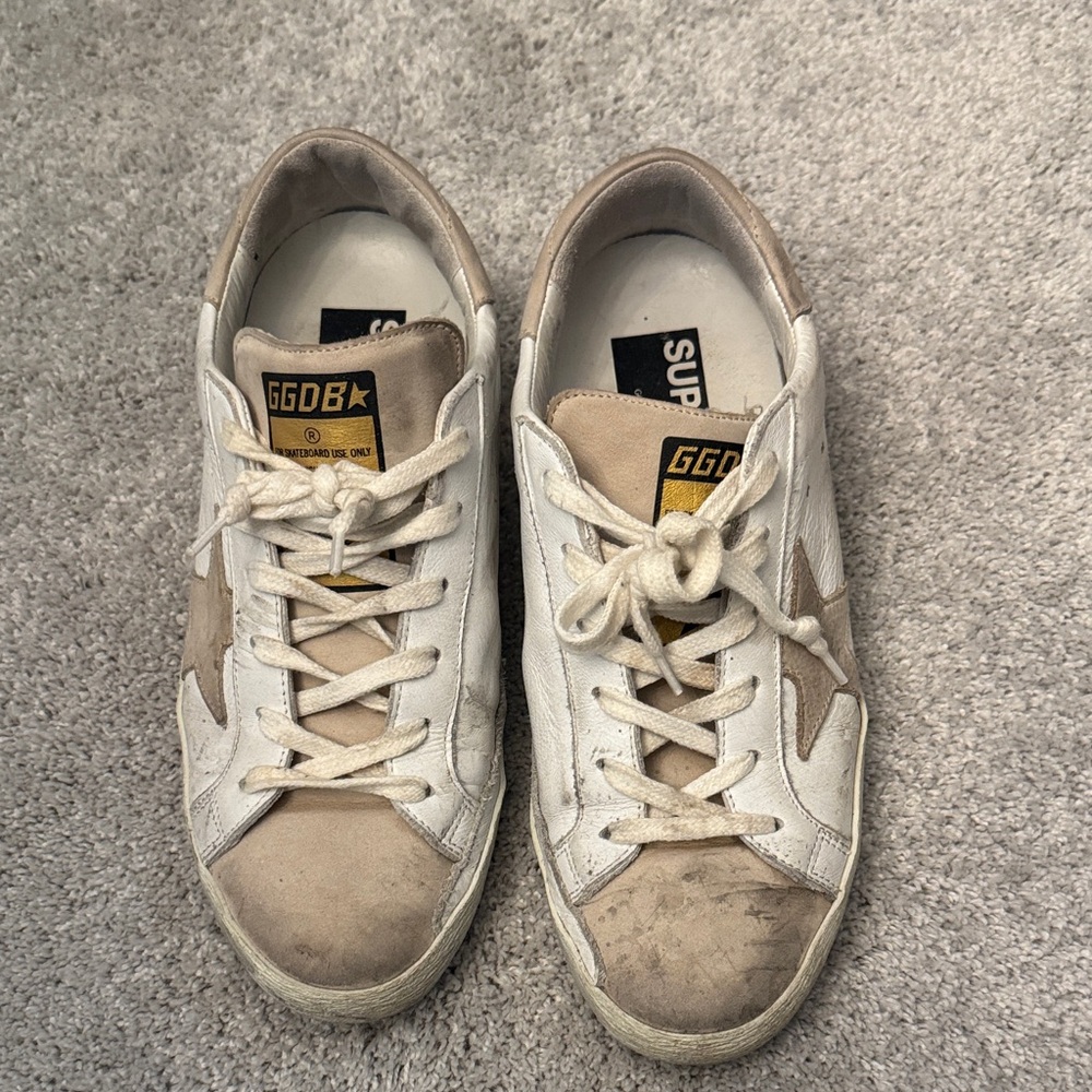 Golden Goose White and Beige Superstar Sneakers